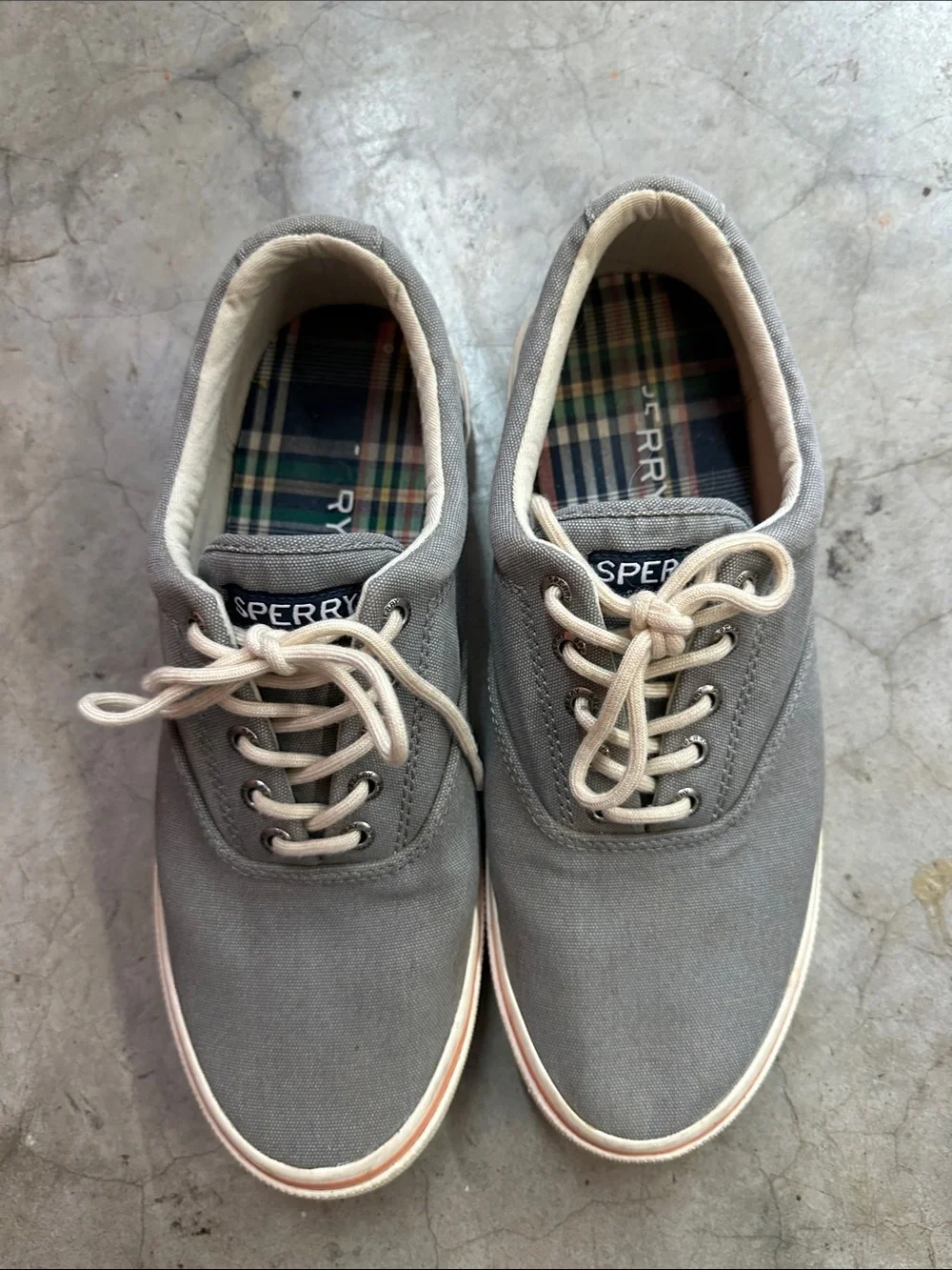 Sperry Men’s Gray Canvas Boat Shoes with Cream Laces